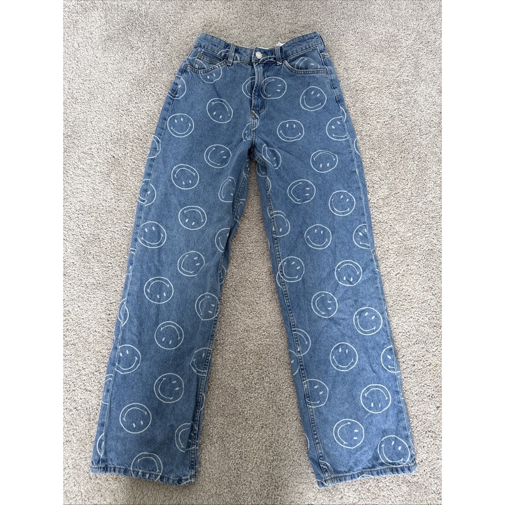 Women's Size 2 Smiley X H&M 100% Cotton‎ Wide Leg Jeans Trendy Grunge